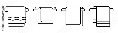 Bathroom towels, drying rack, and hygiene line art icons set