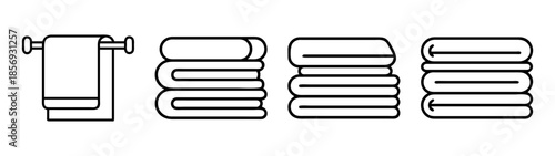 Towels line art set: folded stacks and hanging on a bar rack