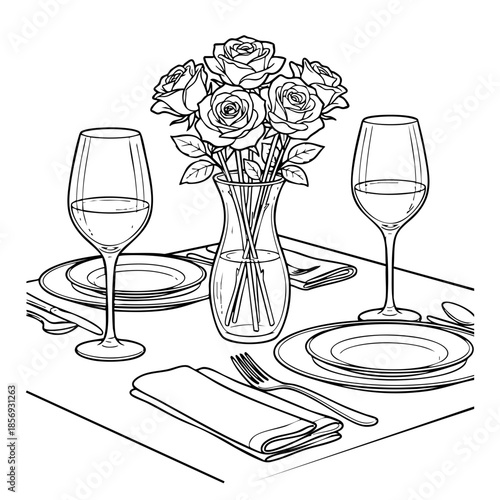 Romantic Dinner Table Setting with Roses Coloring Page