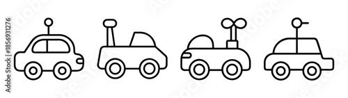 Childhood joy: a simple line art icon set of four toy cars design