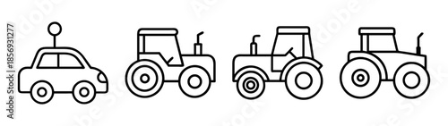 Line vector icons: autonomous car with antenna and farm tractors