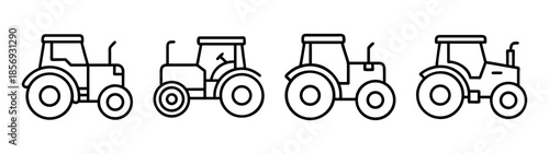 Agricultural farm tractor vehicle line art icons set concept design