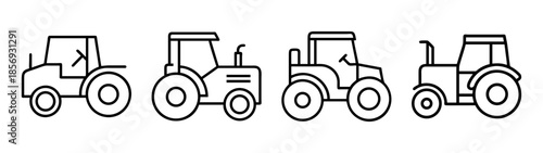 Four distinct outline tractor icons representing agricultural machinery