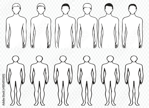 Detailed collection of male mannequin figures in various white and black styles on grey