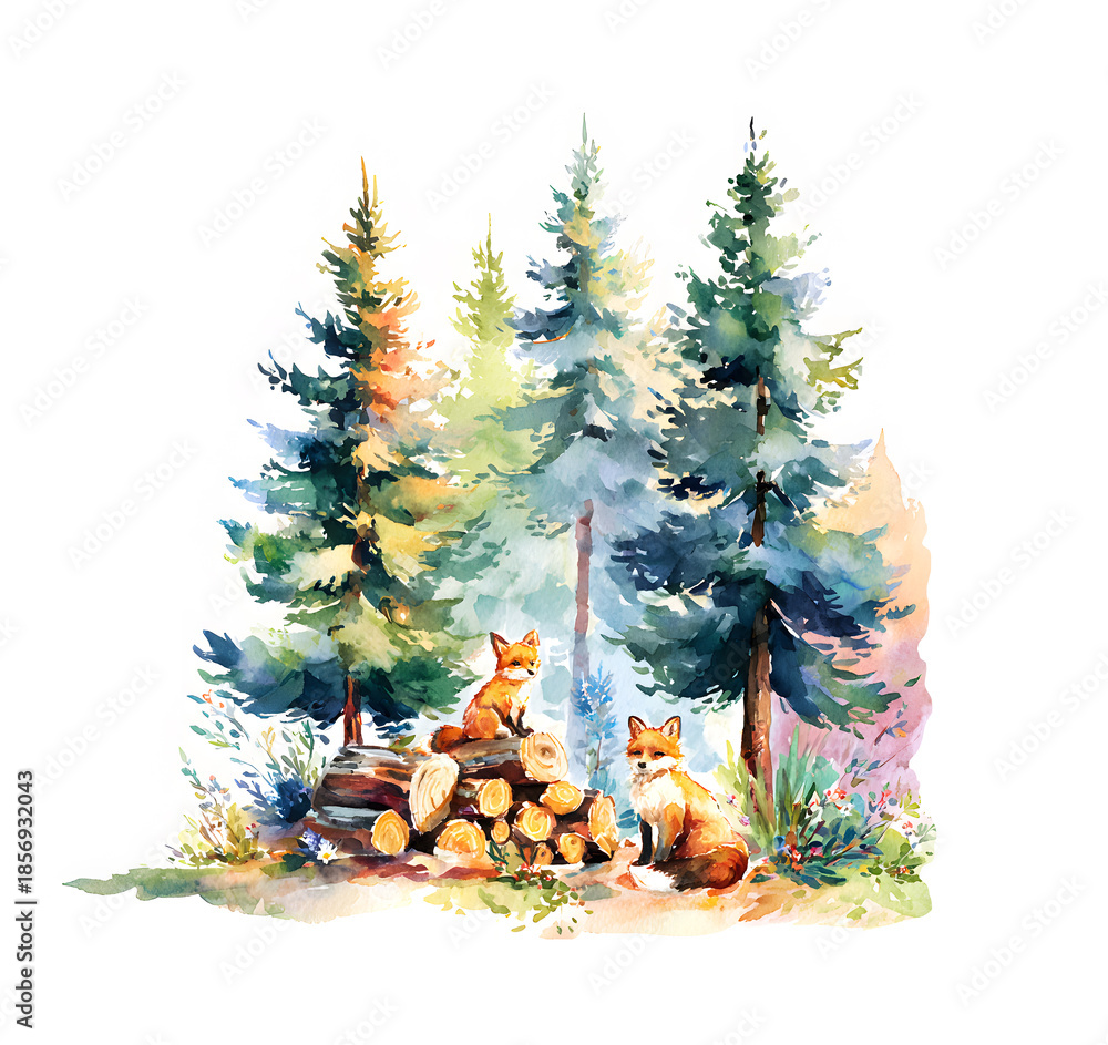 Fototapeta premium Two fox animals in watercolor forest background with trees and logs. Woodland animal illustration for children book, poster, or greeting card.