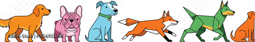 Cartoon and geometric dog characters vector set with different breeds and poses in flat illustration style