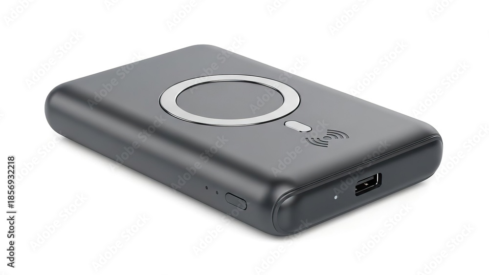 Fototapeta premium Black portable power bank with wireless charging isolated on white background