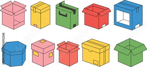 Collection of colorful cardboard boxes and packaging containers vector illustration in flat isometric style on white background