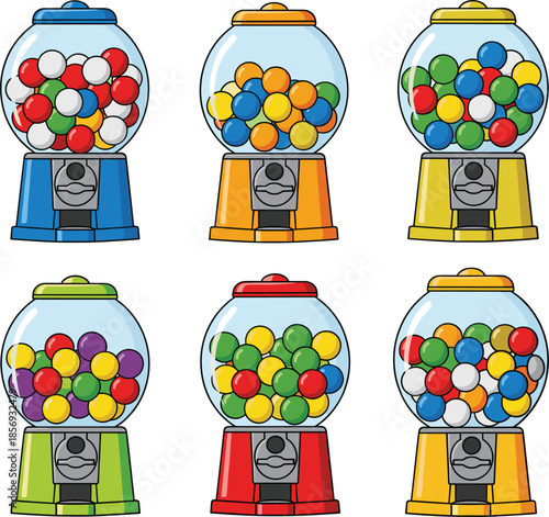 Colorful Gumball Machine Set with Candy Balls in Different Colors Flat Vector Illustration on White Background