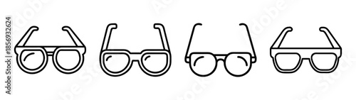 Stylish eyeglasses line art icons, various optical frame styles.