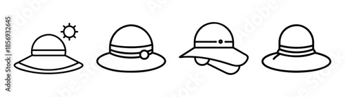 Collection of line art sun hat icons for summer beach fashion