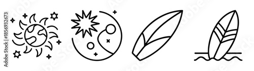 Celestial and surf summer travel vacation line art icons set