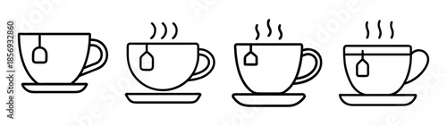 Teacup icons with teabags and steam in line art vector design