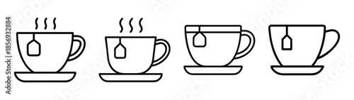 Steaming tea cups and tea bags icon set line art illustration