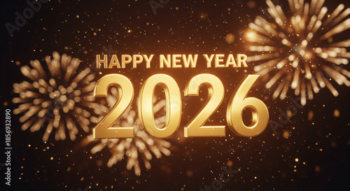 Happy New Year 2026 Cinematic Background with Gold Typography and Soft Firework Glow on Dark Night Sky, Luxury Festive Celebration Design for Holiday Greeting