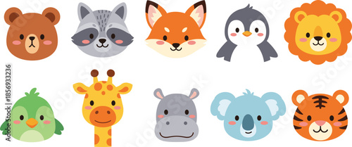 Cute Animal Face Icons Collection with Bear Fox Penguin Lion Tiger and Jungle Animals Flat Vector Set