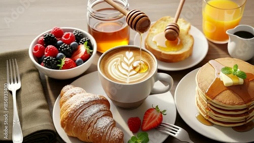 Delicious breakfast spread with coffee, fruits, and pancakes