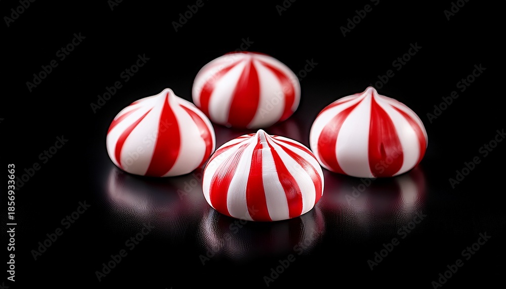 Fototapeta premium Three Red And White Peppermint Candies On A Black Background