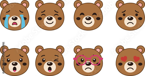 Cute Bear Face Emoji Set with Different Emotions Flat Vector Illustration Isolated on White Background