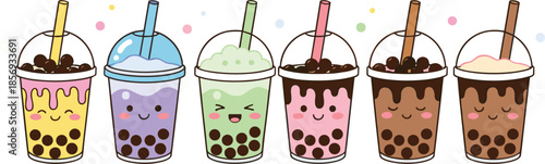Cute Bubble Tea Drinks Set with Smiling Faces Isolated on White Background Kawaii Flat Vector Illustration