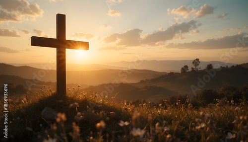 
Christian Easter concept with cross silhouette at sunrise, golden light rays, peaceful spiritual mood, symbolic and respectful composition, high resolution stock image
