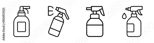 Various spray bottle and pump dispenser line icons set hygiene