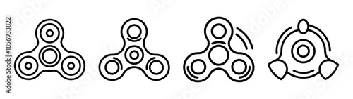 Outline fidget spinner toy icons set in various forms and motion.