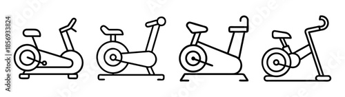 Stationary exercise bike icons set. fitness workout equipment.