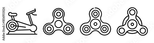 Stationary bike and three fidget spinner toy icons in line art