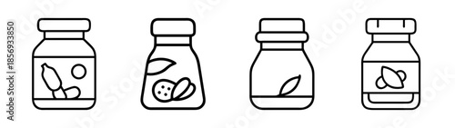 Natural ingredient jars line icon set, organic food supplements.