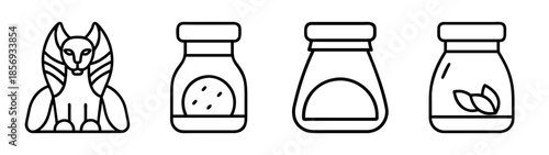 Abstract line icons set featuring sphinx, spice, and herb jars