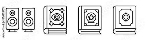 Collection of line art icons: audio speakers and magic spell books