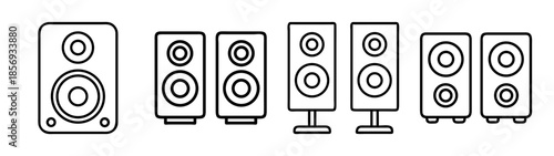Audio speaker vector line icons set for music and sound system