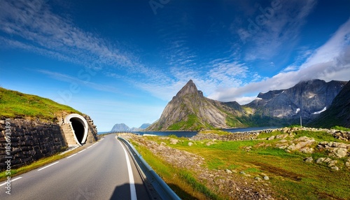 Norway Lofoten Beautiful Landscape Road Tunnel Mountains And Blue Sky