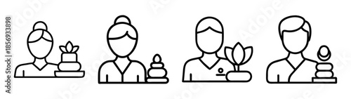 Wellness spa therapy people icons with lotus and stacked stones