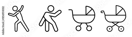 Person and baby stroller line icons set. human activity and pram symbols.