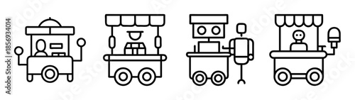 Street food vendor carts, mobile market stalls, line art icons