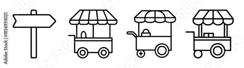 Line art icons of market stalls and a directional street sign