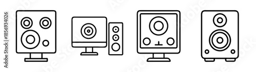 Line art icons of various audio speakers and sound system equipment