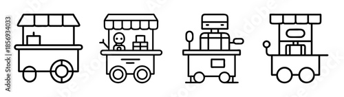 Street food vendor carts outline icon set for mobile business