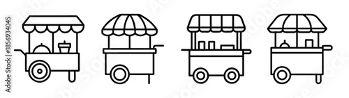 Outline food cart icons set. street vendor kiosk line art symbols.