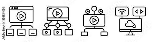 Streaming media and video content delivery network line icons