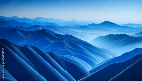 An Abstract Flowing Depiction Of Layered Mountain Ranges Rendered In Gradient Blue Hues Creating A Serene Wave Like Aesthetic