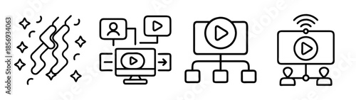 Video content, streaming, and event celebration line icon set