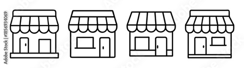 Set of outlined shop building icons with awnings in vector style