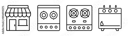 Kitchen appliances, cooking equipment, and store outline icons
