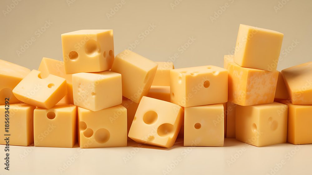 Fototapeta premium A pile of cubed cheese with holes on a plain background, perfect for food and dairy concepts
