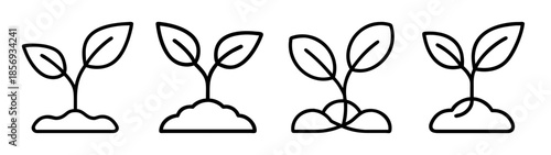 Seedling growth icon set: new plant sprout line art symbols