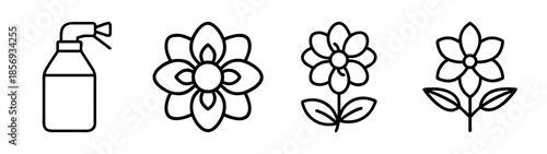 Gardening icons: spray bottle and various floral plant designs