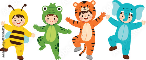 Cute Kids in Animal Costumes Dancing Set, Bee Frog Tiger Elephant Characters Flat Vector Illustration Isolated
